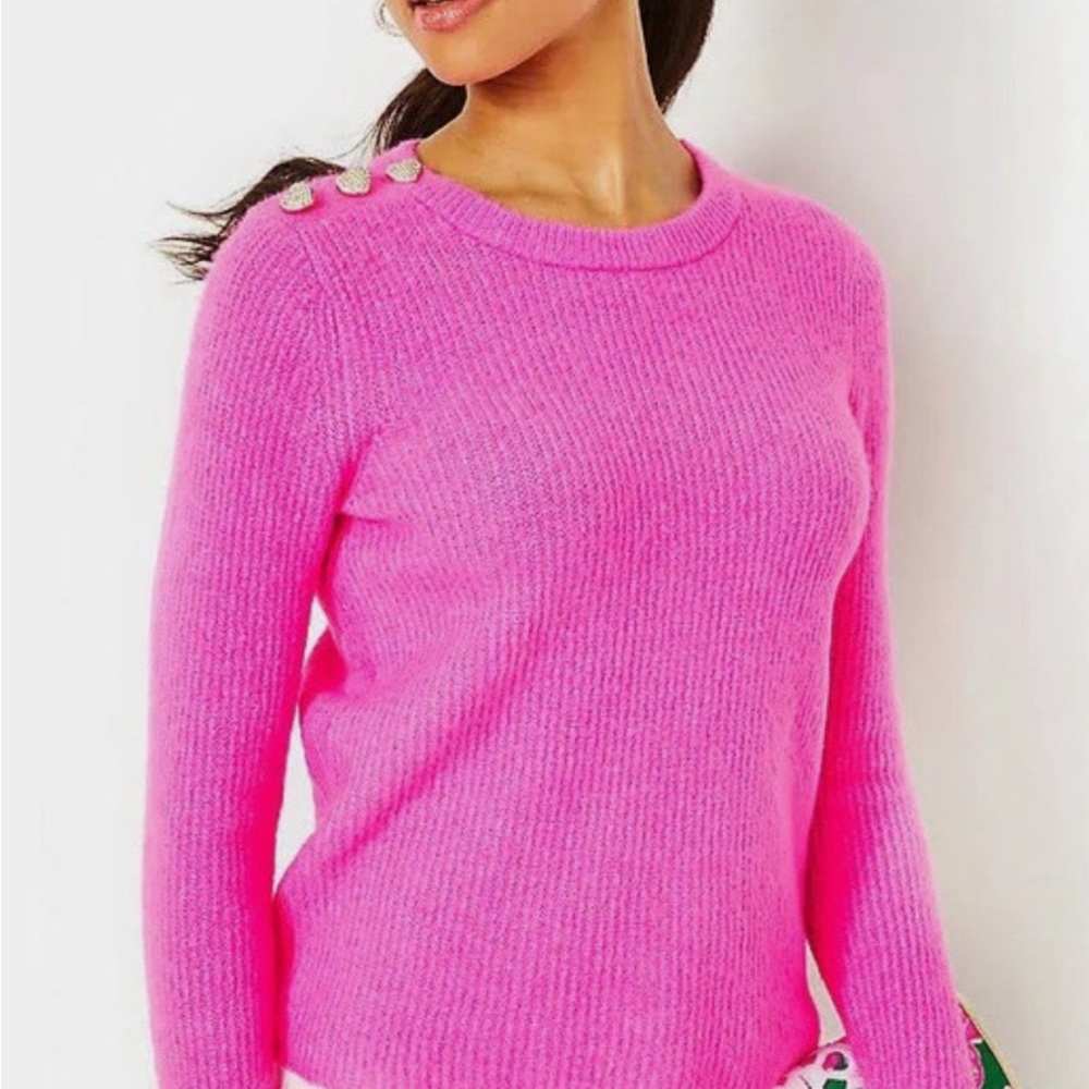 Lilly Pulitzer Pink Heart Pave Button-Shoulder Women's Sweater cashmere